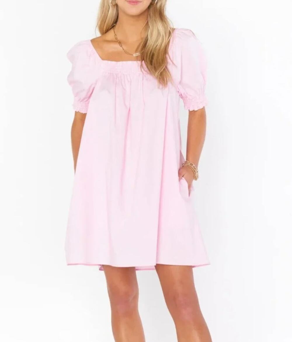 New Look Petite Pink Puff Sleeve Smocked Babydoll Mini Dress XS